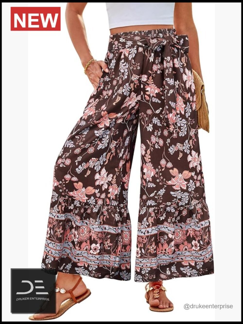 Wide Leg Palazzo Pants Elastic High Waisted Boho Casual Flowy Beach Pants with